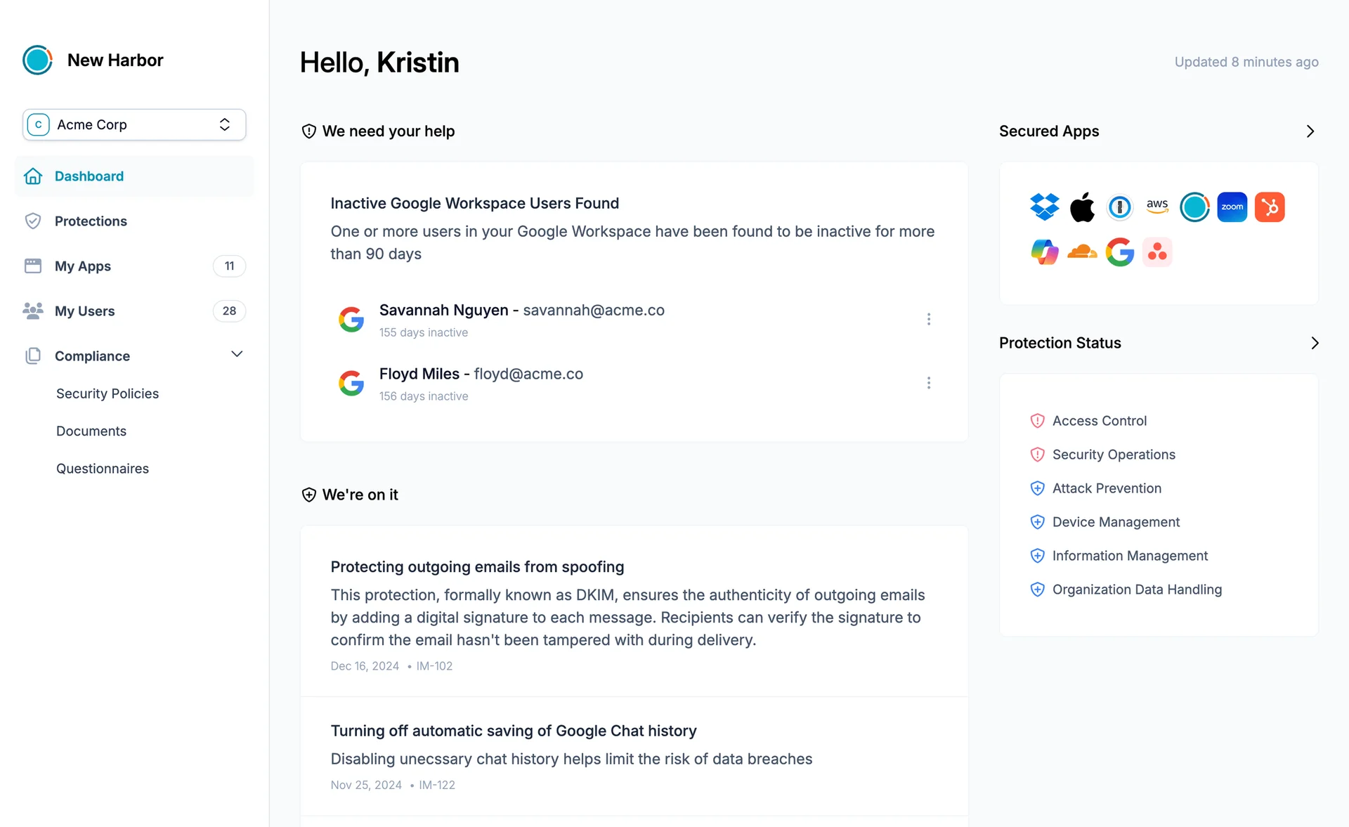 New Harbor security dashboard screenshot